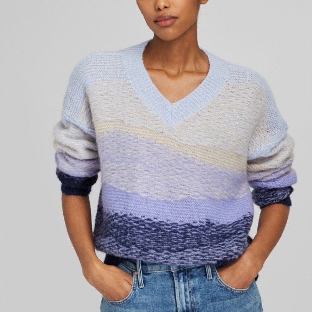 Club‎ Monaco Pastel Chunky Wool and Mohair Pullover Striped V-Neck Sweater